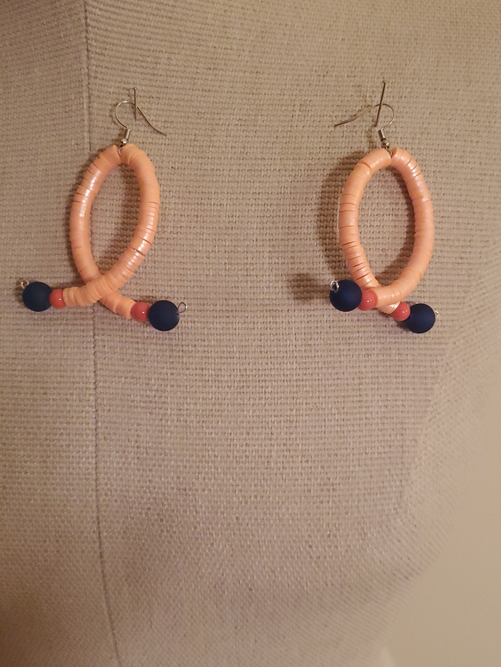 Handcrafted Peach and Navy Beaded Loop Drop Earrings - Women Jewelry